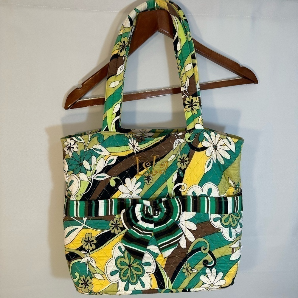 Belvah Quilted Floral Flower Cotton Large Tote Shoulder Bag Front Bow Accent